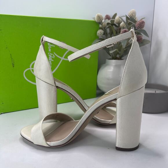 Sam Edelman Yaro Pearl/Ivory Satin Ankle Strap Block Heel Sandals Women's US 10W - Picture 6 of 13